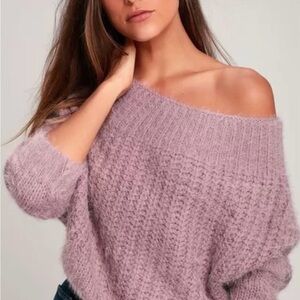 LULUS CARINO DUSTY PURPLE OFF-THE-SHOULDER FUZZY CROPPED SWEATER. SMALL/MEDIUM